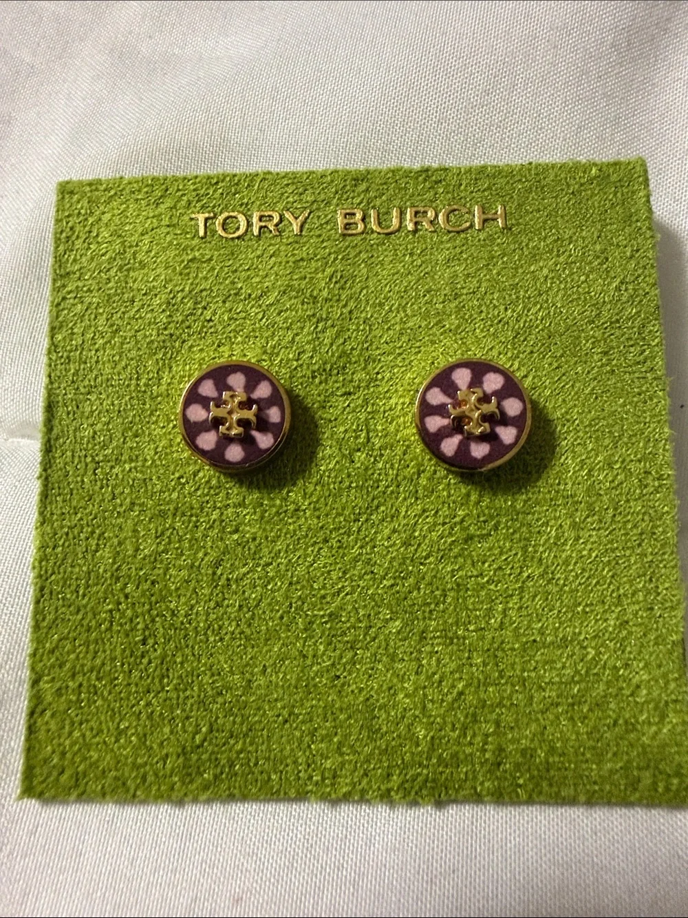 Tory Burch Gold-Tone Pink Floral Logo Stud Earrings